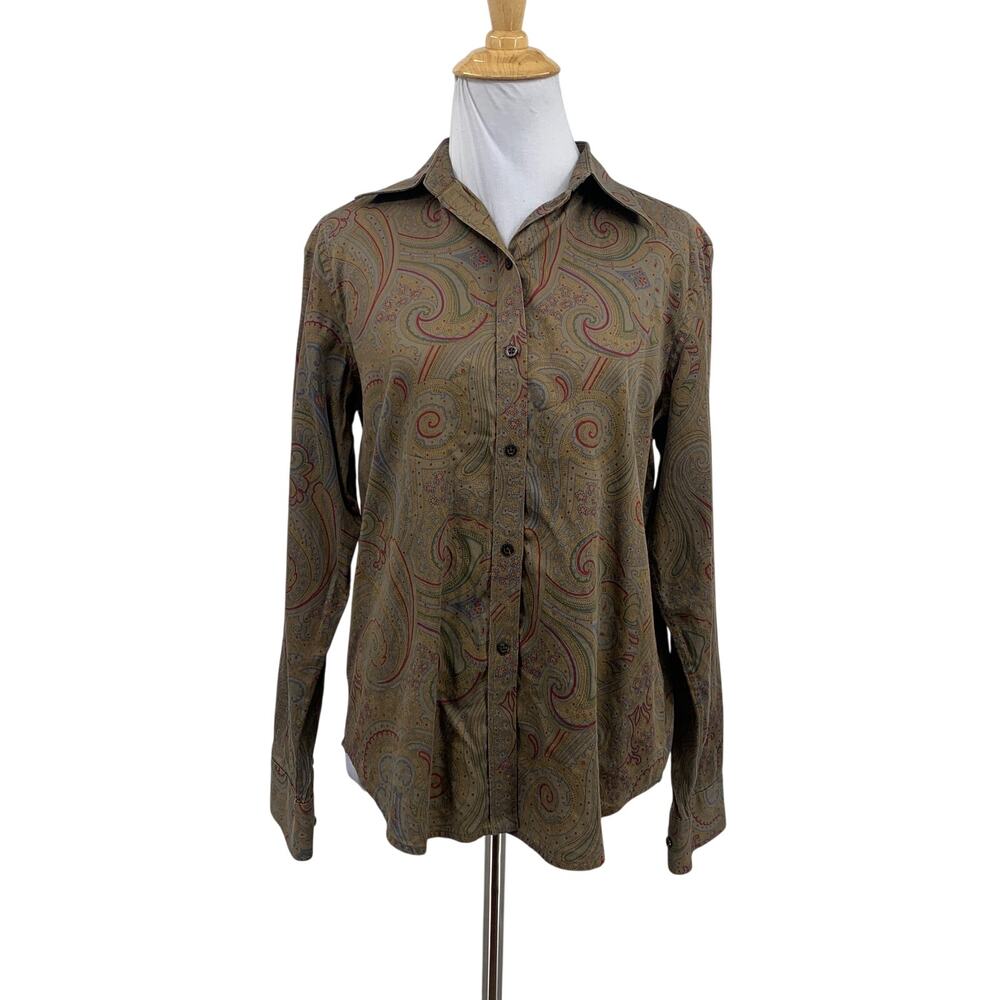 Lauren Ralph Lauren Shirt Womens S Small Dark Moss Bohemian Paisley Button Up